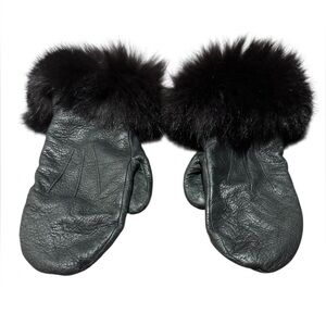 Ladies M Black Leather Mittens Faux Fur Trim Thinsulate